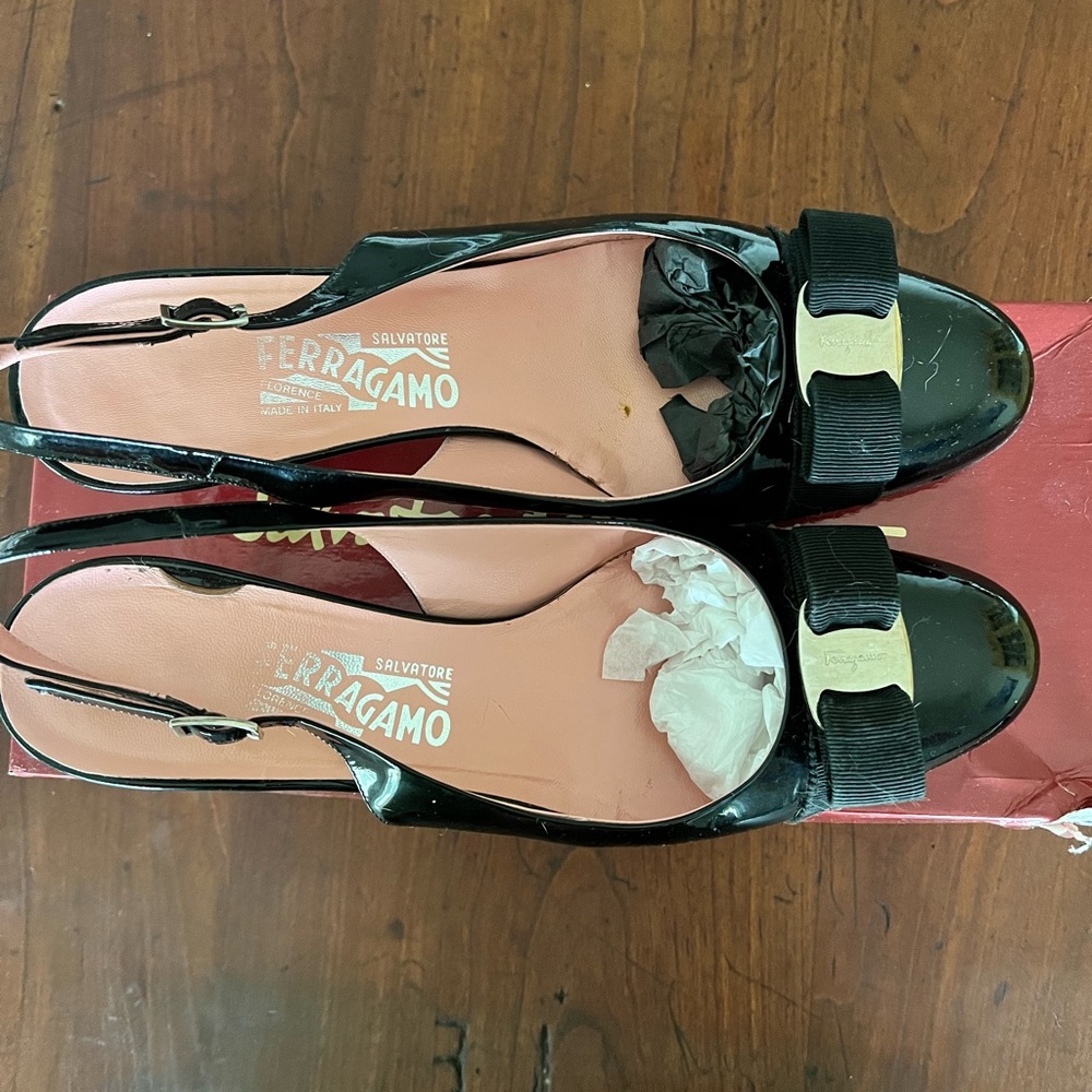 Ferragamo Patent Leather kitten heeled sandals